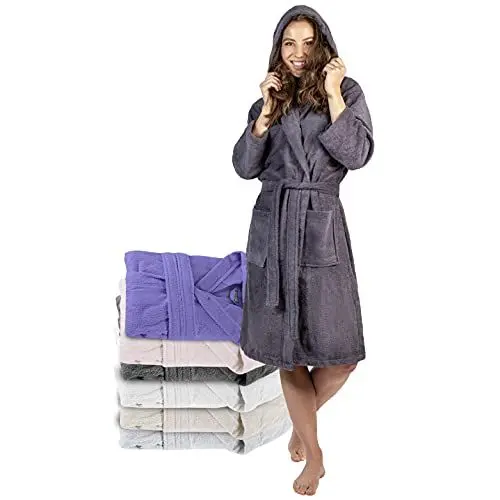 Produktbild: Bademantel Damen - 100% Baumwolle (350g/m²) OEKO-TEX® Zertifiziert - Morgenmantel Damen mit Kapuze, 2 Taschen, Gürtel - DarkGrau - M