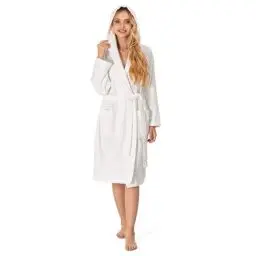 Produktbild: Bademantel Damen - 100% Baumwolle (350g/m²) OEKO-TEX® Zertifiziert - Morgenmantel Damen mit Kapuze, 2 Taschen, Gürtel - Weiß - M