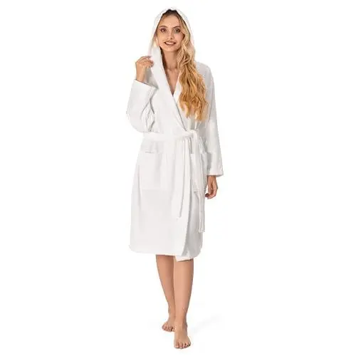 Produktbild: Bademantel Damen - 100% Baumwolle (350g/m²) OEKO-TEX® Zertifiziert - Morgenmantel Damen mit Kapuze, 2 Taschen, Gürtel - Weiß - M