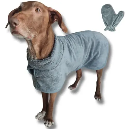 Produktbild: Bademantel Set für Hunde, Hundebademantel und Handschuh aus Mikrofaser für kleine,mittlere und große Hunde - Grau Badetuch Hund Hundehandtuch schnell trocknend, super saugfähig, für Hunde und Katzen