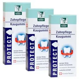 Produktbild: BADERs Gesundheit PROTECT Zahnpflege-Kaugummi aus der Apotheke. Weniger Zahnbelag, weißere Zähne. Zuckerfrei mit 100% Xylit. 3 x 20 Kaugummi-Quadrate