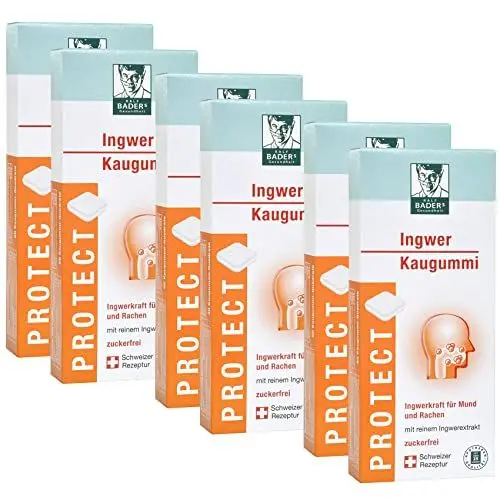 Produktbild: BADERs PROTECT Ingwer Kaugummi aus der Apotheke. Mit den Scharfstoffen der Gingerole. Ideal auch bei Reisen. 6 x 20 Kaugummi-Quadrate