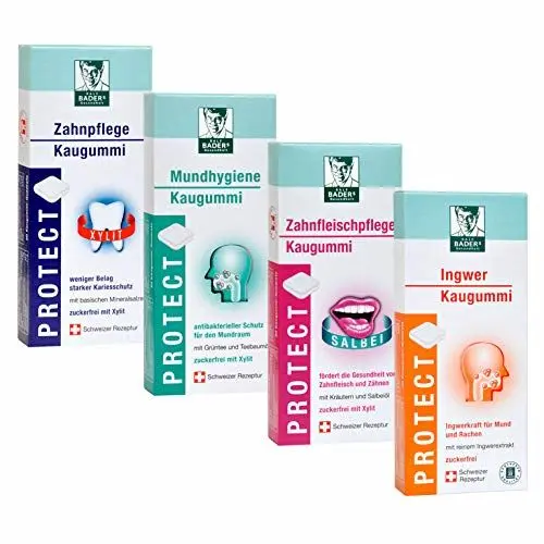 Produktbild: BADERs PROTECT Kaugummi aus der Apotheke. Mundhygiene, Zahnpflege, Zahnfleischpflege, Ingwer. 4 Sorten x 20 Kaugummi-Quadrate.