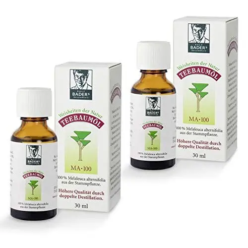 Produktbild: BADERs Teebaumöl. Der Klassiker aus der Apotheke. Doppelt destilliert. Desinfizierend. Australisches Melaleuca alternifolia. 2 x 30 ml
