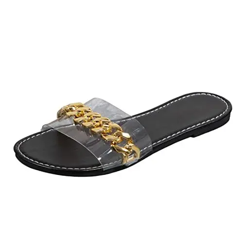 Produktbild: Badeschlappen Herren 2 Fashy Badeschuhe Damen Transparente PVC Metallkette Offene Spitze Flache Hausschuhe Mules Damen Mit Absatz Badeschuhe Damen 1 (Black, 40)