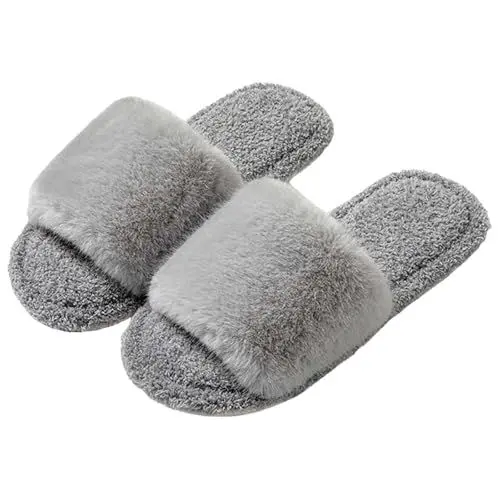 Produktbild: Badeschlappen Kinder 36 Badelatschen Herren 48 Lässige Plüsch-Hausschuhe für Damen mit Flacher Unterseite, Lange Samt-Hausschuhe für Damen, warme Pantolette Damen Schwarz Kuschelige (Grey, 36)