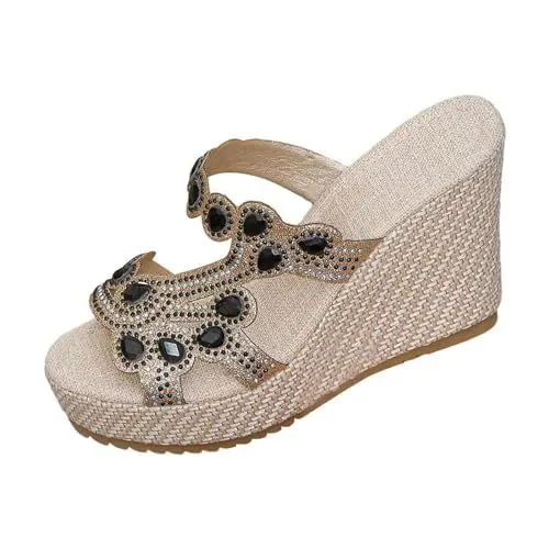 Produktbild: Badeschlappen Kinder Damen Pantoletten Mit Absatz Frauen Strand Slope Heel Hausschuhe Hohl Casual Strass Hausschuhe Slope Bottom Schuhe Retro Sandalen Badeschlappen Damen (Black, 37)