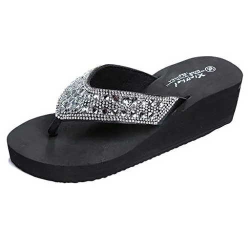 Produktbild: Badeschuhe Zehentrenner Damen Strass Glitzer Keilabsatz Breite Füße Sandalen Zehensandalen Plateau Schwarz Badelatschen Sommer Bequem Sommerschuhe Elegante Flip Flops Pantoletten Größe 36-40