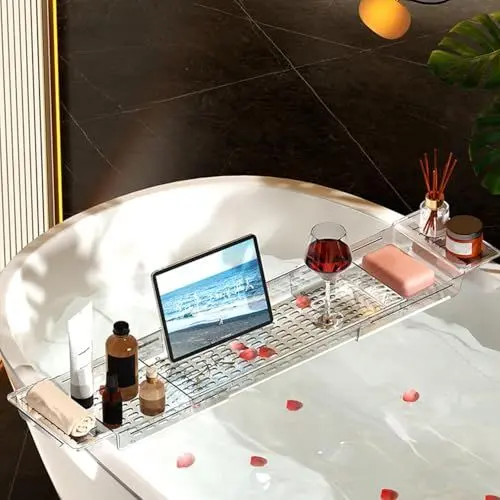 Produktbild: Badewannenablage Ausziehbar, Badezimmertablett aus PET, Badewannen Ablagen mit Ablaufdesign Badewannen Zubehör Wannenablage Platzieren für Weingläser Tablet-Telefone Kerze Buch