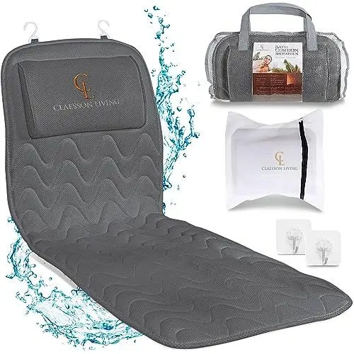 Produktbild: Badewannenkissen Ganzkörper Badekissen (125x43cm) - Badewannenmatte mit Kopfstütze unterstützt Nacken, Rücken und Beine - Mit Wasch- und Reisebeutel und Hängehaken für schnelles Trocknen - Grau