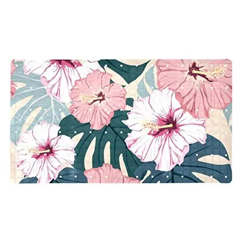 Produktbild: Badewannenmatte rutschfest,Duschmatte,Badematte für Wanne,Tropische Blätter rosa Blume,PVC Badewannenmatten Dekor-Badematten