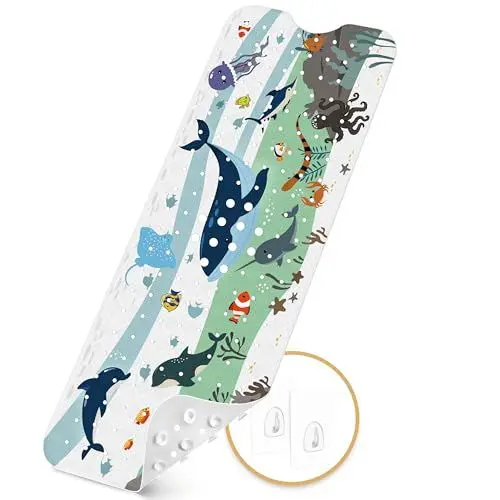 Produktbild: Badewannenmatten rutschfest Kinder，100% BPA frei Enthält 2 Haken zum Aufhängen,100x40cm，Antirutschmatte für Badewanne，Duschmatte,schimmelresistent & maschinenwaschbar,Badematte Kinder Badewanne