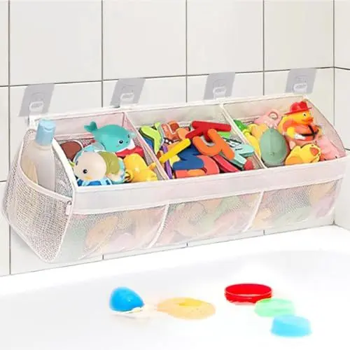Produktbild: HETITU Badewannenspielzeug Aufbewahrungstasche, 67cm Badewannenspielzeug Hängeorganizer Tasche,Badewannenspielzeug Mesh Tasche für Kinder Babys, Aufbewahrung und Sortierung von Spielzeug (white)