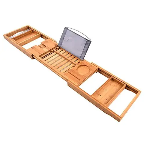 Produktbild: Bambus-Palettenregal, Bambus-Badewannentablett, Erweiterbares Holzbadetablett mit Buch-/Tablet-Halter, Weinglasschlitz, Erweiterbare Holzbadewanne, Badewannendiener