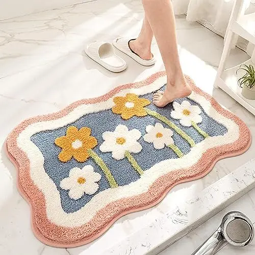 Produktbild: Badezimmer Teppich, Niedliche Blumen Badezimmerteppich, Weiche Badematte Saugfähige Antirutsch Bodenmatte, Maschinenwaschbar Fußmatte für Indoor Badewanne Schlafzimmer 50 x 80cm (Rosa)