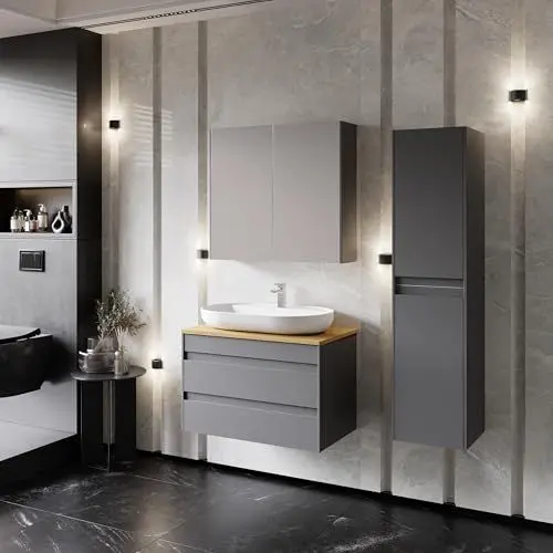 Produktbild: Badezimmermöbel Set Lara Konsole 80 Anthrazit | Keramikwaschbecken | Unterschrank | Spiegelschrank | Softclose-Schubladen & -Türen & unsichtbare Griffe | Moderner Stil | Badmöbel Waschtisch