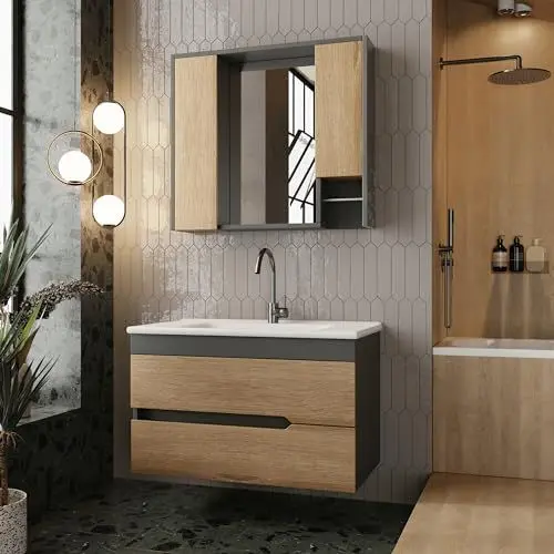 Produktbild: Badezimmermöbel Set Marmara 85 Anthrazit| Keramikwaschbecken | Unterschrank | Spiegelschrank | Handtuchstange|Softclose-Schubladen & -Türen, Griffmulden | Natürlicher Stil | Badmöbel Waschtisch