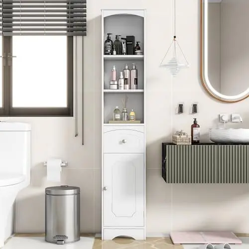 Produktbild: Badezimmerschrank, Mehrzweckregal, Farben erhältlich, geeignet für Badezimmer, Flure, Büros usw (weiß 34 x 24 x 170 cm)