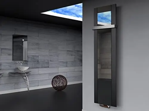 Produktbild: Badheizkörper Design Singapur 3, HxB: 180 x 47 cm, 1118 Watt, schwarz/Spiegel + 1 Handtuchhalter 50mm MADE IN GERMANY Szagato Handtuchheizung Handtuchwärmer Design Heizkörper Spiegelheizkörper
