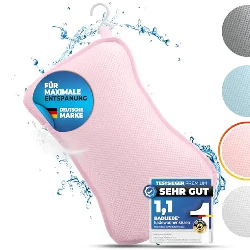 Produktbild: BadLiebe Badewannenkissen Rosa – (GEPRÜFTE QUALITÄT) - inkl. 4 extra starken Saugnäpfen – Badekissen mit ergonomischer Passform für Nacken und Rücken – Premium Nackenkissen (INKL. integriertem Haken)