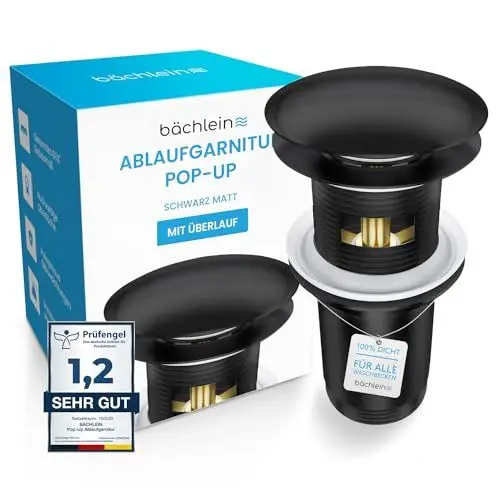 Produktbild: Bächlein Universal Ablaufgarnitur mit Überlauf (Matt Schwarz) - Pop Up Ventil für Waschbecken und Waschtisch – Ablaufventil Abflussgarnitur aus Messing mit Einbauanleitung