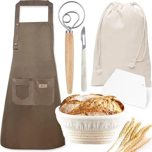 Produktbild: Brotbanneton für Hausbrot (verbesserte Größe 2023). Küchenschürze aus Baumwolle. Teigschneider. Aufbewahrungstasche aus Leinen. Bäckerklinge. Teigmischung aus Edelstahl. Zubehör für Bäcker