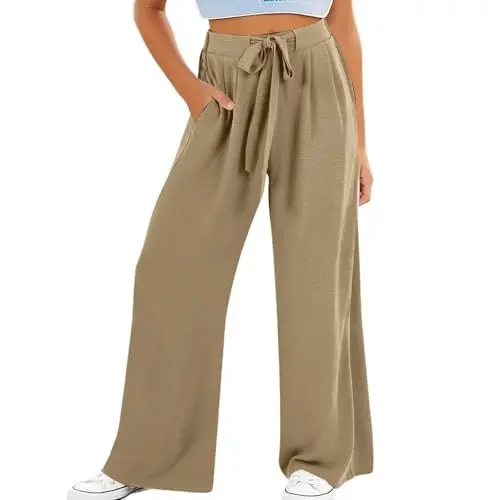 Produktbild: Baggy Hosen Mädchen Weites Bein Hose Hohe Taille Elastische Freizeithose Kinder Einfarbige Drawstring Jogginghose Leichte Dünne Hosen Sommer Lässige Lang Hose mit Tasche (Khaki, 4-5 Years)