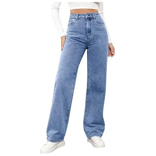 Produktbild: Baggy Jeans Damen Straight Leg High Waist Weites Bein Lang Jeanshosen Leichter Oversize Denimhose mit Knopfleiste Taschen Loose Freizeithose Passform für Wandern (Blue, S)