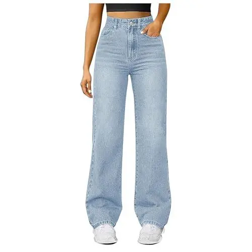 Produktbild: Baggy Jeans Damen Straight Leg High Waist Weites Bein Lang Jeanshosen Leichter Oversize Denimhose mit Knopfleiste Taschen Loose Freizeithose Passform für Wandern (Sky Blue, S)
