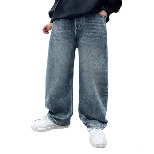 Produktbild: Baggy Jeans Jungen Kinder Weite Bein Denim Hosen Mit Elastische Taille und Taschen Loose Fit Stretch Cargohose Mode Frühling-Herbst Denimhose Freizeit Streetwear