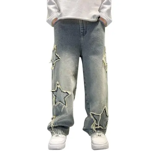 Produktbild: Baggy Jeans Jungen Star Jeanshose mit Gummizug Freizeithose Mode Hose für Kinder und Teenager Elastische Taille Denim Hosen Lockere Atmungsaktive Cargohose Outdoor (Light Blue, 15-16 Years)