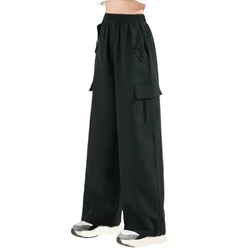 Produktbild: Baggy Jogginghose Mädchen Weite Beine Cargo Hosen Baumwolle Einfarbig Sporthose Drawstring Elastische Hohe Taille Trainingshose Lässiger Outdoorhose Teenager Leichte Loose (Black, 5-6 Years)