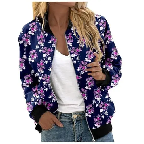 Produktbild: Baggy-T-Shirts Frauen Langärmlige Oberteile Frauen T Shirt Damen V Ausschnitt Blumendruck Mantel Oberbekleidung Leichte Langarm Workout Laufjacke (Purple, XXL)