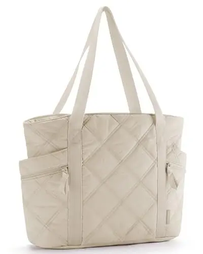 Produktbild: bagsmart Damen Handtasche Tote Bag Daunentasche, 24L Große Einkaufstasche mit Reißverschluss, Mehrere Fächer für Arbeit, Reisen und Fitness, Beige