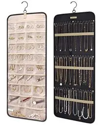 Produktbild: bagsmart Schmuck-Organizer zum Aufhängen, Aufbewahrungsrolle mit Aufhänger, Metallhaken, doppelseitiger Schmuckhalter für Ohrringe, Halsketten, Ringe an Schrank, Wand, Tür, 1 Stück, Medium, Schwarz