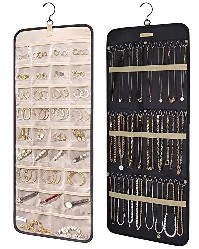 Produktbild: bagsmart Schmuck-Organizer zum Aufhängen, Aufbewahrungsrolle mit Aufhänger, Metallhaken, doppelseitiger Schmuckhalter für Ohrringe, Halsketten, Ringe an Schrank, Wand, Tür, 1 Stück, Medium, Schwarz