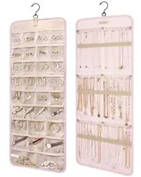 Produktbild: bagsmart Schmuck-Organizer zum Aufhängen, Aufbewahrungsrolle mit Aufhänger, Metallhaken, doppelseitiger Schmuckhalter für Ohrringe, Halsketten, Ringe an Schrank, Wand, Tür, 1 Stück, groß, Rosa
