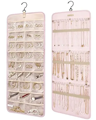 Produktbild: bagsmart Schmuck-Organizer zum Aufhängen, Aufbewahrungsrolle mit Aufhänger, Metallhaken, doppelseitiger Schmuckhalter für Ohrringe, Halsketten, Ringe an Schrank, Wand, Tür, 1 Stück, groß, Rosa