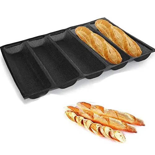 Produktbild: Meajore Baguette Backform, Antihaft Silikon BröTchen Backform, 5 Hohlräum Baguette-backblech, Silikon Glasfaser Baguetteblech (45 x 34 x 3,6 cm)