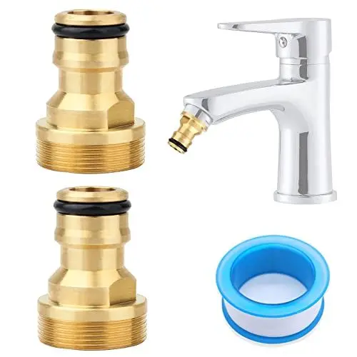 Produktbild: Bahan alamy 2 Stück Universal Wasserhahnanschluss für Mischbatterie + PTFE Dichtband 5M, Schlauchadapter Wasserhahn Adapter Schlauchkupplung Schnellkupplung Gartenschlauch Anschluss (Gold)