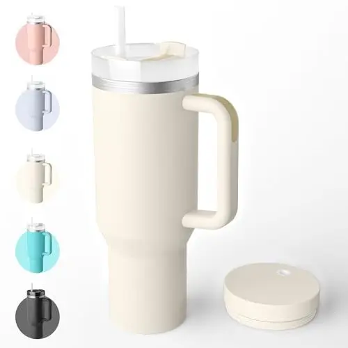 Produktbild: Bailkind 1182mL 40oz Thermobecher Autobecher Spritzfestem, Kaffeebecher to go Edelstahl Vakuum Isolierbecher mit 2 Strohhalm 2 dicht Deckel und Reinigungsbürste, BPA-Frei, Spülmaschinenfest-Schneeweiß