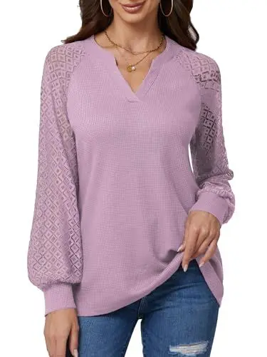 Produktbild: BAISHENGGT Baronin Tunika Damen V Ausschnitt T Shirt Elegante Raglan Spitzenärmel Bluse Shirts Lässige Streetwear Langarm Oberteil Tops Hellviolett L