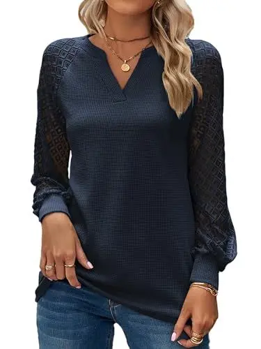Produktbild: BAISHENGGT Baronin Tunika Damen V Ausschnitt T Shirt Raglan Spitzenärmel Bluse Shirts Lässige Elegante Streetwear Langarm Oberteil Tops Blau XXL