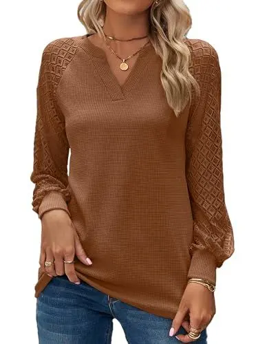 Produktbild: BAISHENGGT Baronin Tunika Damen V Ausschnitt T Shirt Raglan Spitzenärmel Bluse Shirts Lässige Elegante Streetwear Langarm Oberteil Tops Braun XXL