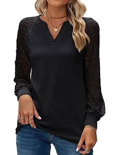 Produktbild: BAISHENGGT Baronin Tunika Damen V Ausschnitt T Shirt Raglan Spitzenärmel Bluse Shirts Lässige Elegante Streetwear Langarm Oberteil Tops Schwarz XXL