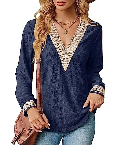 Produktbild: BAISHENGGT Blusen Tuniken für Damen Elegant Lässige Langarm Tunika mit Spitzen V-Ausschnitt Shirts Damenoberteile Oberteile Blusentop Marineblau XL