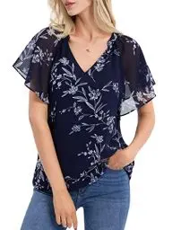 Produktbild: BAISHENGGT Damen Bluse Chiffon Festlich Elegant Sommer Tshirt Sexy Festival Outfit V Ausschnitt Flattert Kurzarm Lose Oberteile Casual Top Tunika Tops Blau Geblümt M