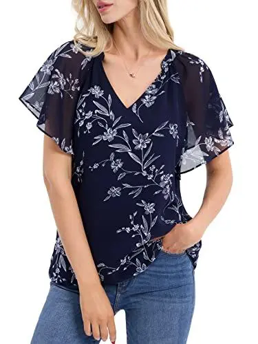 Produktbild: BAISHENGGT Damen Bluse Chiffon Festlich Elegant Sommer Tshirt Sexy Festival Outfit V Ausschnitt Flattert Kurzarm Lose Oberteile Casual Top Tunika Tops Blau Geblümt M