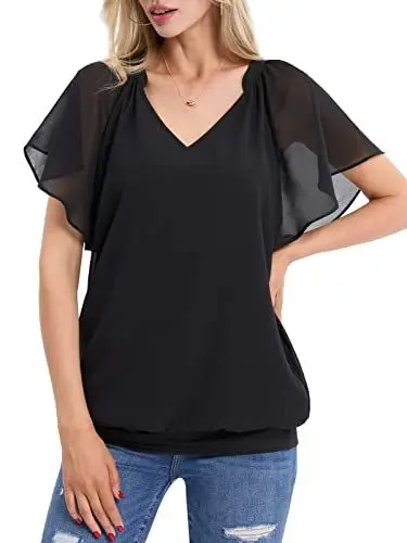 Produktbild: BAISHENGGT Damen Bluse Chiffon Festlich Elegant Sommer Tshirt Sexy Festival Outfit V Ausschnitt Flattert Kurzarm Lose Oberteile Casual Top Tunika Tops Schwarz XXL