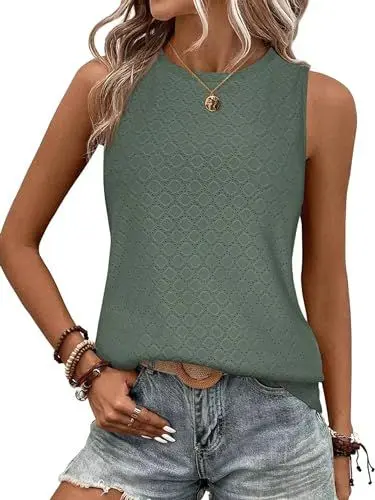 Produktbild: BAISHENGGT Damen Tank Tops Sommer Rundhals Ärmellos Ausgehöhlt Basic T Shirt Oberteile Grün L